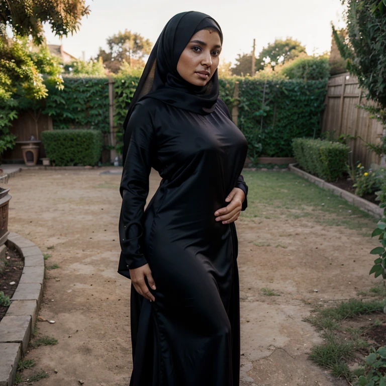 A 40 years old beautyful muslim woman,wearing black silk hijab and burkha,glowing skin,big ash,big breasts,sexy figure,full body image,right side view,garden in background,ultra detailed,8k