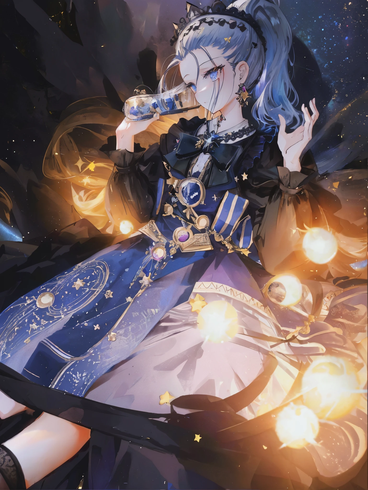 (ponytail forehead hair pulled back:1.3), a close up of a woman in a dress with a cat on her shoulder, astral witch clothes, astral dress, lunar themed attire, dark astral dress, dressed in stars and planets, galaxy + baroque, magical dress, moth inspired dress, portrait of magical lolita girl, beautiful celestial mage, style of magical girl, ✨🕌🌙, victorian gothic lolita fashion, fairycore