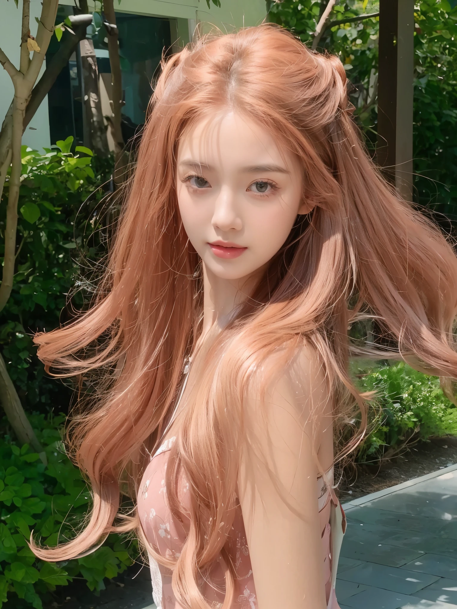 Brick red long curly hair,Natural and beautiful hair。The background is simple and clean