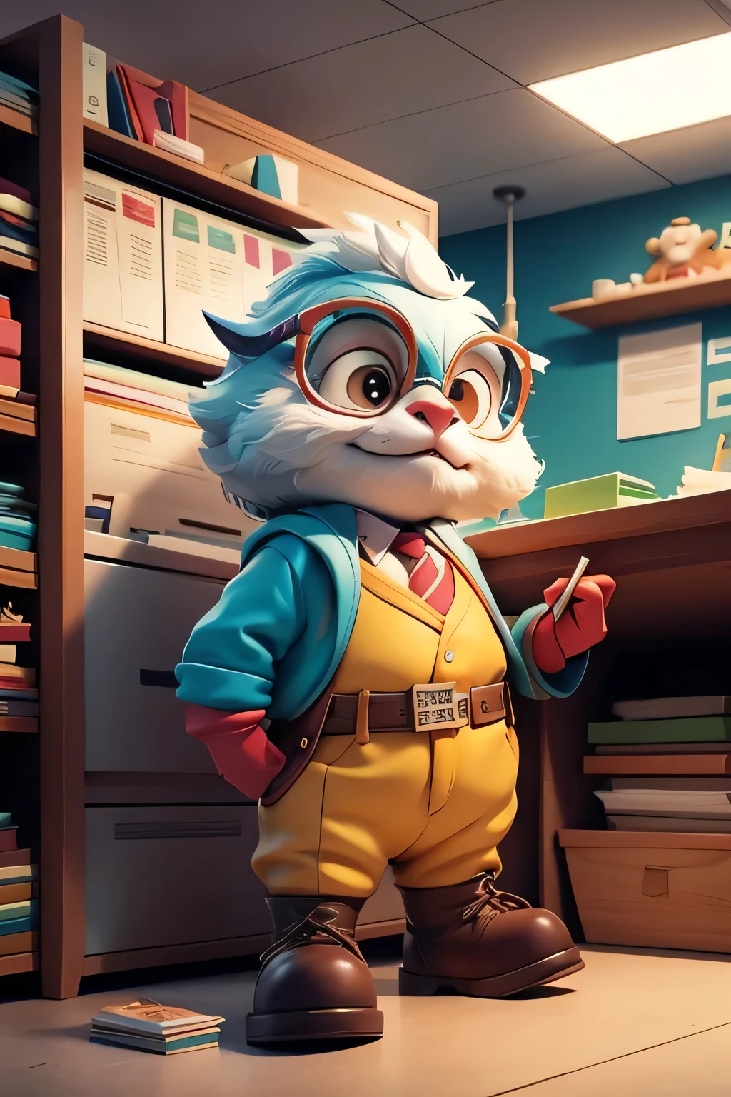 professor mascot who explains the profession of printing from the front 
