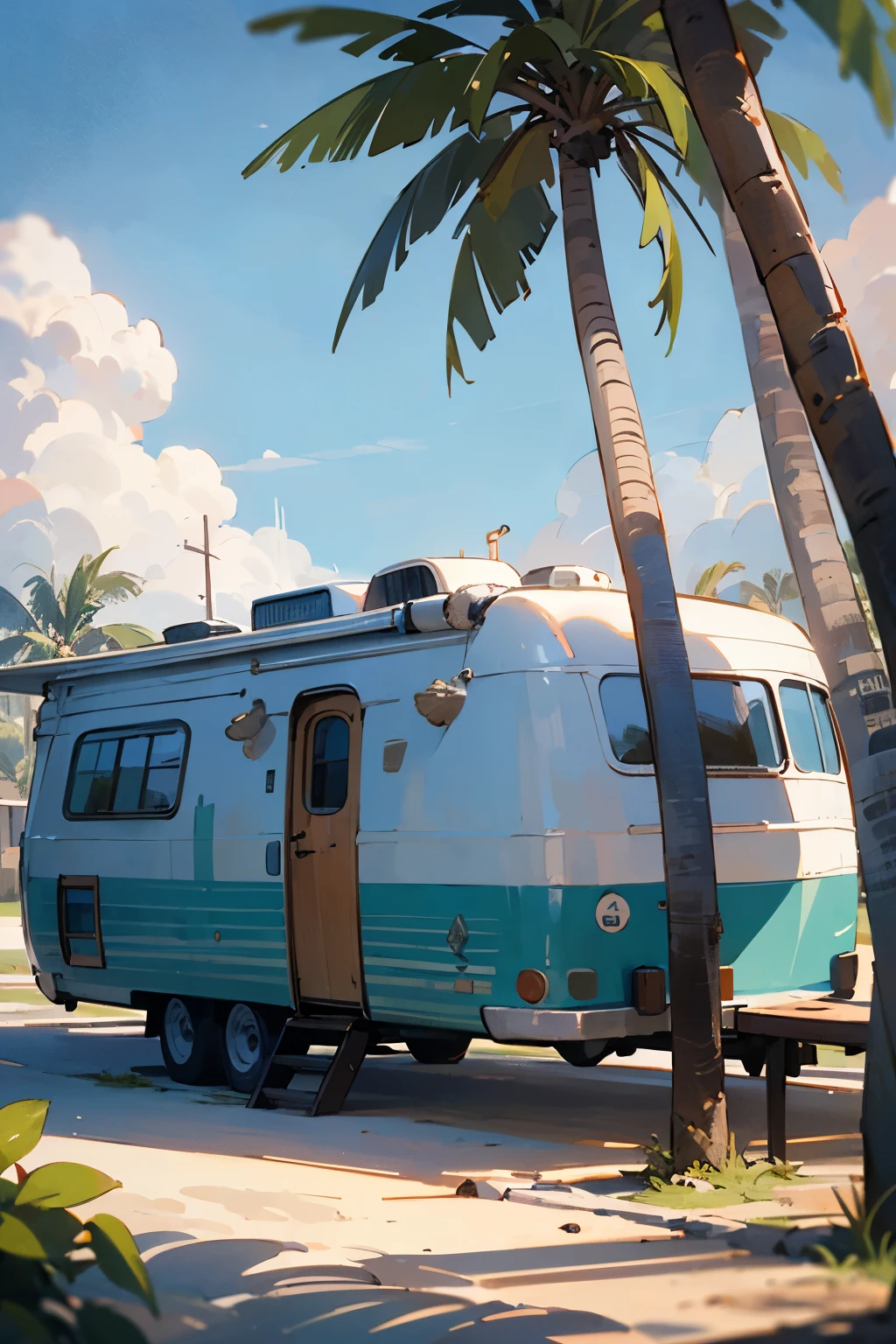 ((best quality)), ((masterpiece)), (detailed), landscape beach, caravan, palm tree