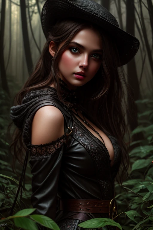 (goblin girl),full-length,sexy outfit,in the forest,portrait style,dark,moody lighting,vibrant colors,beautiful detailed eyes and lips,sharp focus,highres,ultra-detailed painting