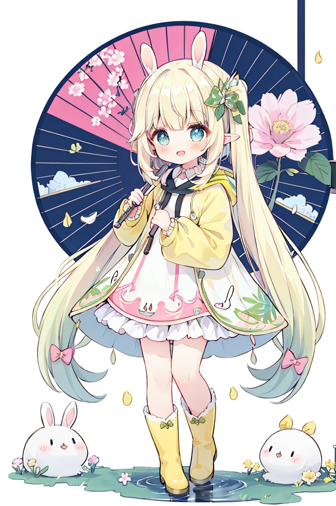 1 Girl,rainbow,raincoat,yellow raincoat,rubber boots,hyDrangea,flower,long hair,Double tail,boots,blush,umbrella,open mouth,Hair accessories,white backgrounD,hooD,Solitary,teruterubouzu,very long hair,hooD up,Long sleeve,low Double tail,bow,Bangs,Smile,animal hooD,blue eyes,rabbit,closeD umbrella,puDDle,full boDy,:D,snails,Footwear,simple backgrounD,pink flower,stanDing,leaf umbrella,holDing umbrella,fooD-themeD Hair accessories,hair bow,animal ears,holDing,blonDe hair,hair flower,rain,animal,