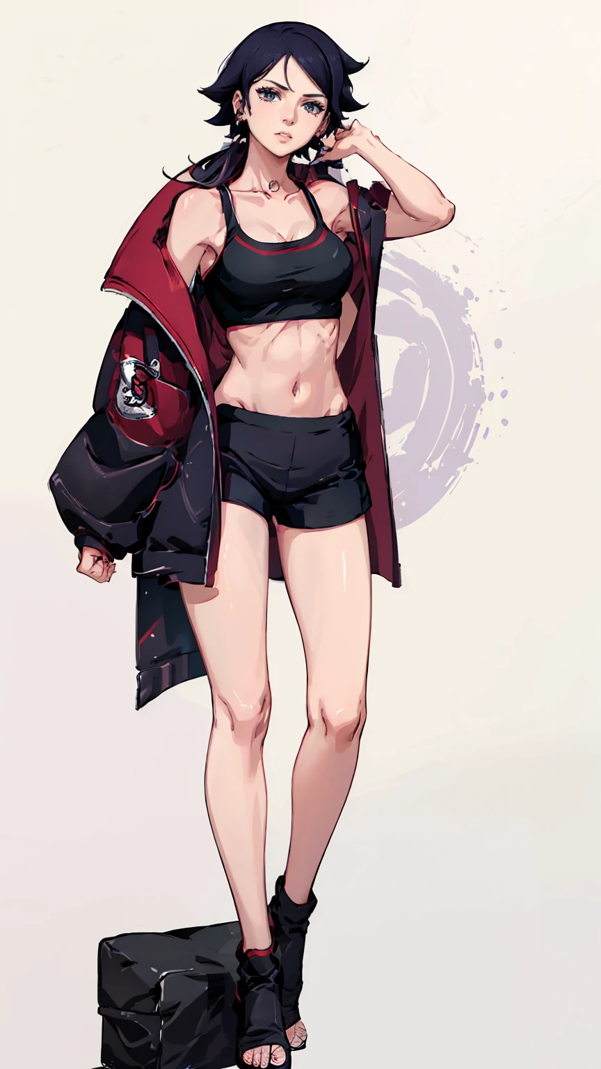 Sarada,long purple hair,green eyes,medium breast,black sports bra,shorts,jacket with fur 