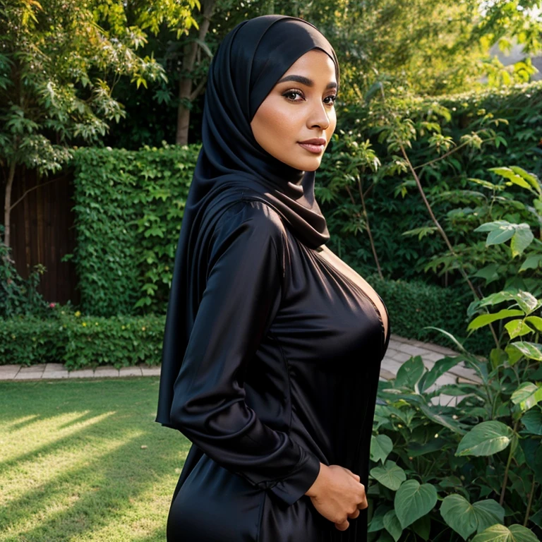 A 40 years old beautyful muslim woman,wearing black silk hijab and burkha,glowing skin,big ash,big breasts,sexy figure,full body image,right side view,garden in background,ultra detailed,8k