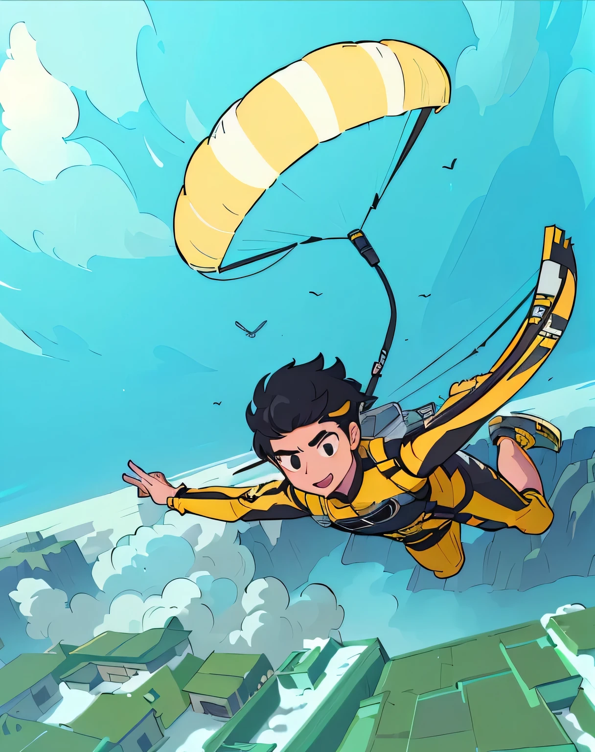 Wearing yellow and black suit、Cartoon of a man flying with a parachute, parachute, artistic, official Fan Art, high quality Fan Art, hero 2 d Fan Art artsation, The character is flying, Epic comic style, Flying through the air, Flying anime fantasy beast, official artistic, Fan Art, flying in the air, high resolution committee, soar in the sky