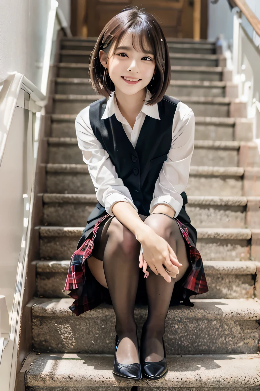 Ulzzang-6500-v1.1, (RAW Photos:1.2), (Realistic), (Genuine:1.4), １girl、Perfect Anatomy、Sit on the stairs、Full body photo、Looking into the camera、black tights、pumps、Knee-length skirt、Black Hair、smile、Plaid vest、、
