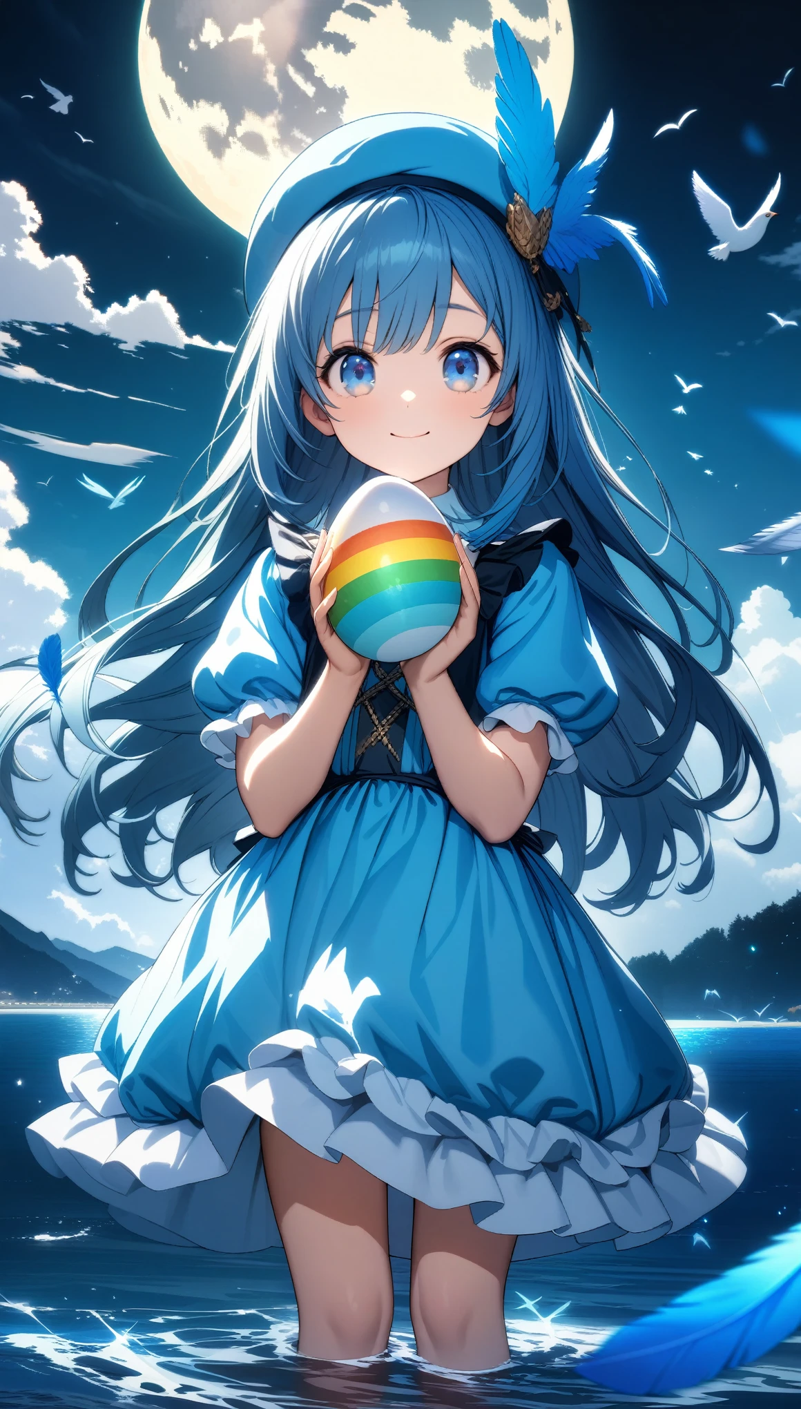32k, best quality, ultra high res, HDR, UHD, extremely detailed CG, unity 32k wallpaper, A world full of eggs, 18-year-old, Holding a rainbow-colored egg in both hands, Very cute girl, Blue Hair, Long Hair, blue eyes, A beautiful and cute blue dress, from the front, A very beautiful sea background, Standing on the water, Particles that glow blue, bird, cloud, Egg with wings, Close your mouth and smile happily, A cute hat with blue feathers, (wing), full moon,