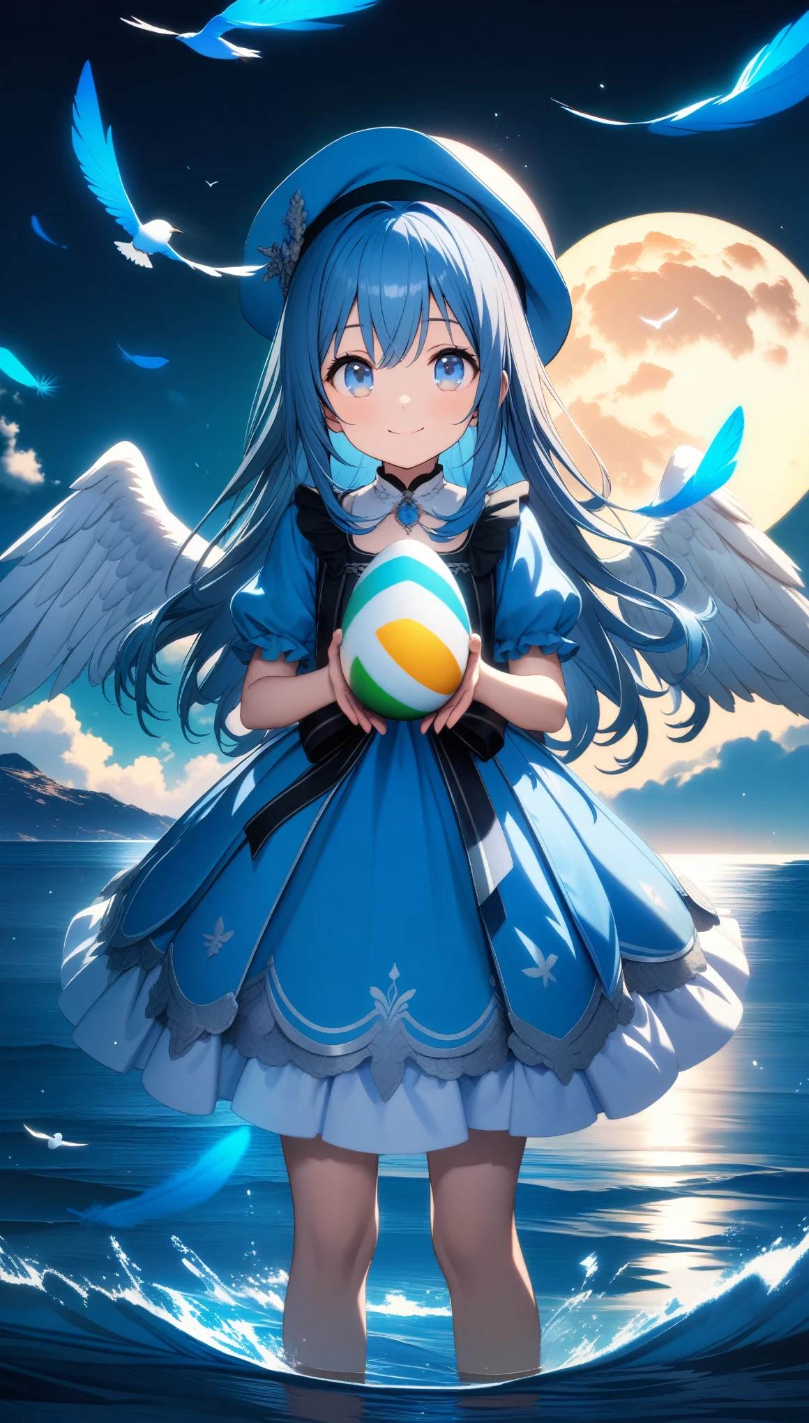 32k, best quality, ultra high res, HDR, UHD, extremely detailed CG, unity 32k wallpaper, A world full of eggs, 18-year-old, Holding a rainbow-colored egg in both hands, Very cute girl, Blue Hair, Long Hair, blue eyes, A beautiful and cute blue dress, from the front, A very beautiful sea background, Standing on the water, Particles that glow blue, bird, cloud, Egg with wings, Close your mouth and smile happily, A cute hat with blue feathers, (wing), full moon,