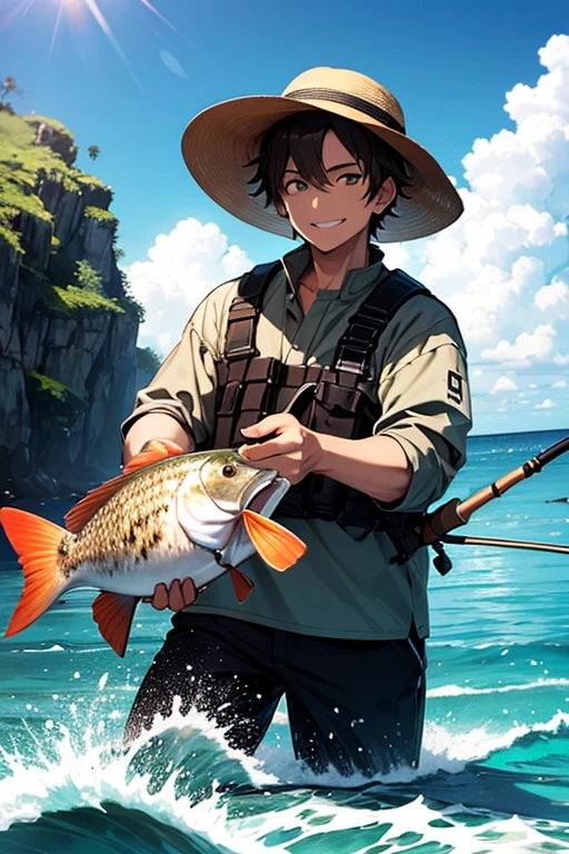 male、one person、40 years old、Holding a fishing rod in hand、hat、Dark brown short-haired、front、smile、Ocean Background、sunny