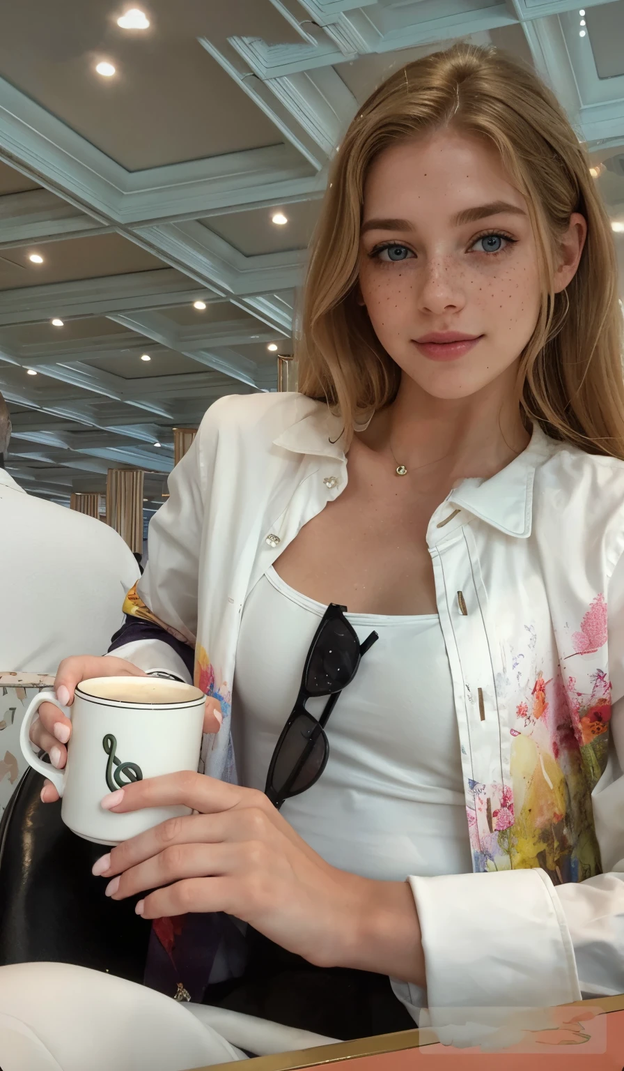 mulher, americana, 25 anos, pale skin and freckles, olhos cinzas, nariz delicado, soft and delicate lips, longo, cabelo blondie longo e ondulado na altura da cintura, sorriso meigo, face with delicate feminine facial features, altamente renderizado
