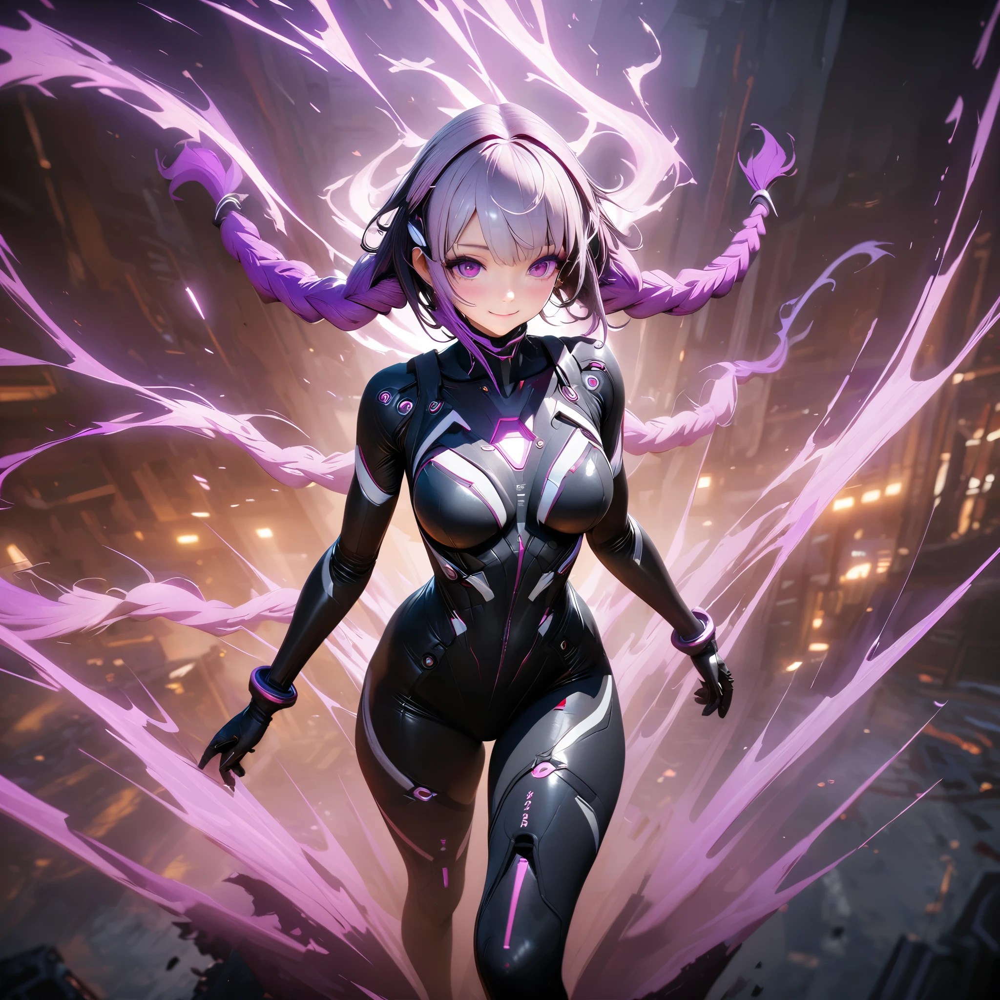 (masterpiece, best quality:1.2), {1girl, Black and white metallic hair accessories，blue-purple gradient hair tips，purple hair，twin braids} standing next to {1boy，black frame glasses,black short hair，white/black battle suit}，fullbody，hand in hand，anatomical correct:2，,smile，high saturation, extremely hyper aesthetic intricate detailed, sharp focus, bewitching lighting, trending on artstation, cinematic lighting, unreal engine, octane render, HDR, Unreal Engine 5, Octane Render, Cinematic, 32k, Natural Lighting, Ray Tracing Global Illumination, Digitally Enhanced, PhotoReal, Hyperdetailed, VFX, High Fidelity, expressive, cinematic look, intricate details, insanely detailed, Photorealism,volumetric lighting