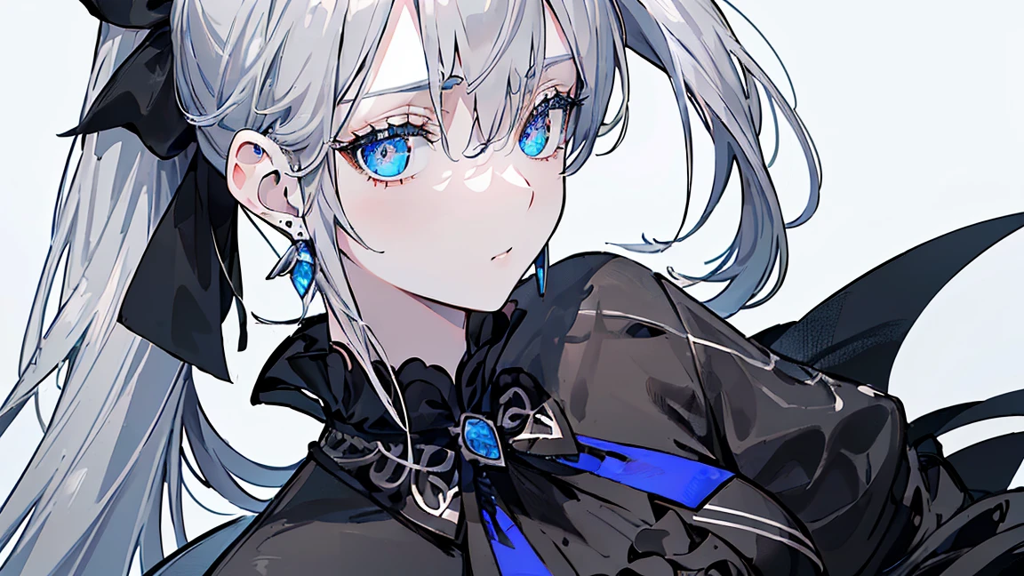 ((Beautiful and elegant girl)), Big blue eyes, 1. Slender Woman, Slightly larger breasts, ((Gray Hair),((Black ribbon ponytail,)),In 8K, highest quality, (Very detailed head: 1.0), (Highly detailed face: 1.0), (Highly detailed hair: 1.0),((Black Costume)、Jewelry Earrings,Detailed official artwork, Beautiful and detailed anime art,(Expressionless)