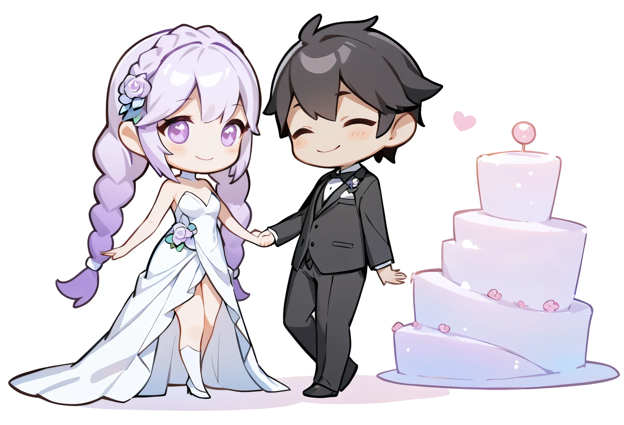 (masterpiece, best quality:1.2), 1girl and 1boy, {1girl, wedding dress，blue-purple gradient hair tips，purple hair，twin braids} standing next to {1boy，black short hair，black handsome suit}，fullbody，hand in hand，chibi，anatomical correct:2，chibi,smile