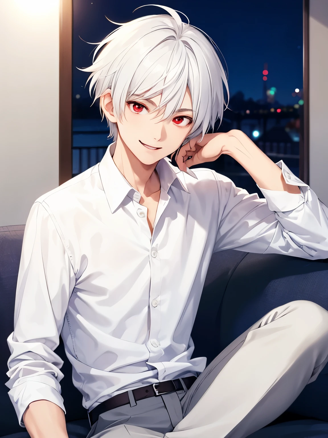 1boy,Sitting, cool style,smile,18 years old,guy, at night,close up photo,handsome,side parted hair,short hair, straight hair, white hair, white shirt,Long-sleeved shirt,white trousers,red eyes, vampire,close up photo