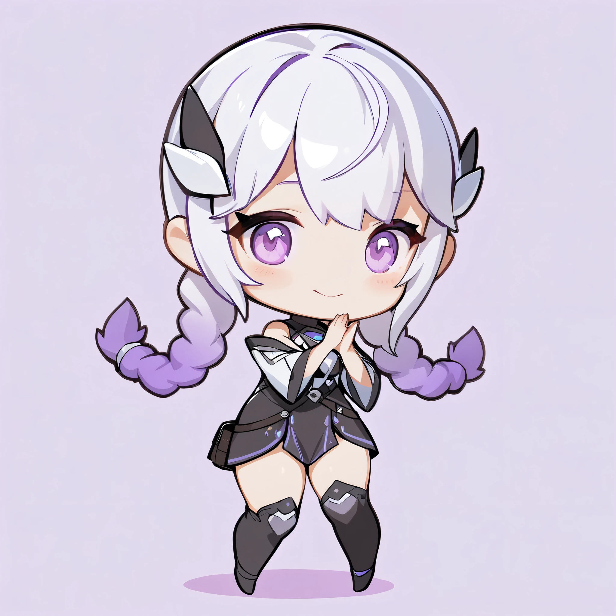 (masterpiece, best quality:1.2), 1girl, solo，Black and white metallic hair accessories，blue-purple gradient hair tips，purple hair，twin braids，fullbody，anatomical correct:2，chibi