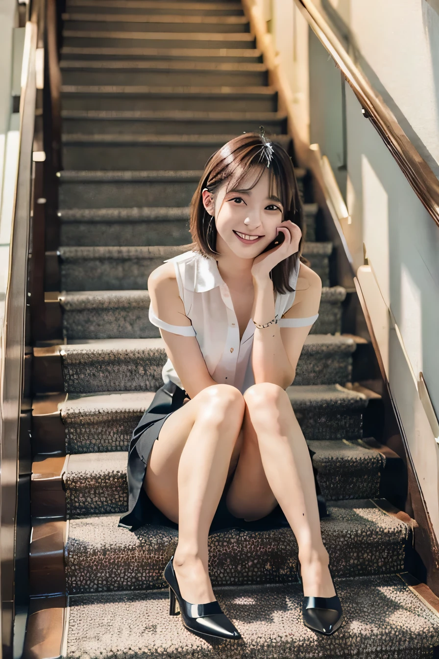 Ulzzang-6500-v1.1, (RAW Photos:1.2), (Realistic), (Genuine:1.4), 1girl、Perfect Anatomy、Sit on the stairs、Full body photo、Looking into the camera、black tights、pumps、Knee-length skirt、Black Hair、smile、Plaid vest、、