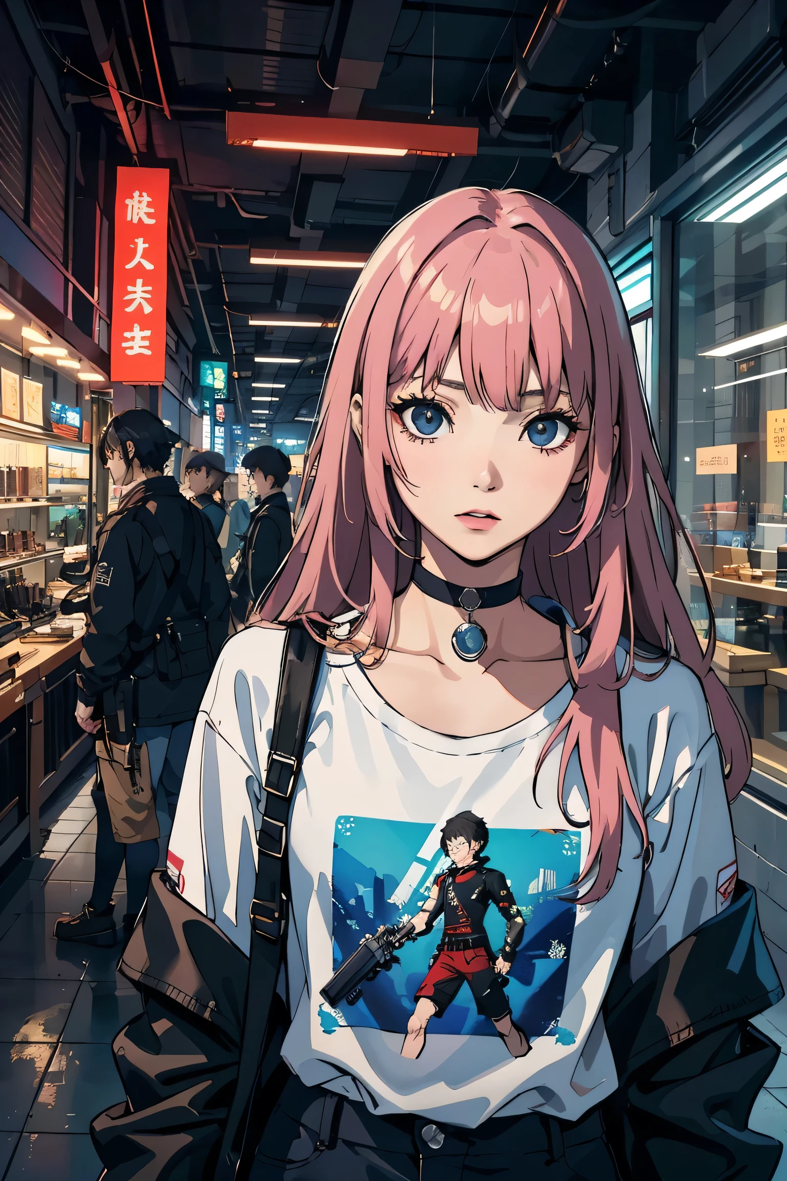 (Better Quality, masterpiece:1.2) | Fine grain:1.2 1 Female ,sorindo (Dynamic English, throw, face, Long Hair,gun shop) choker, shirt, Open sweatshirt, finely, masterpiece, Cyberpunk style clothing