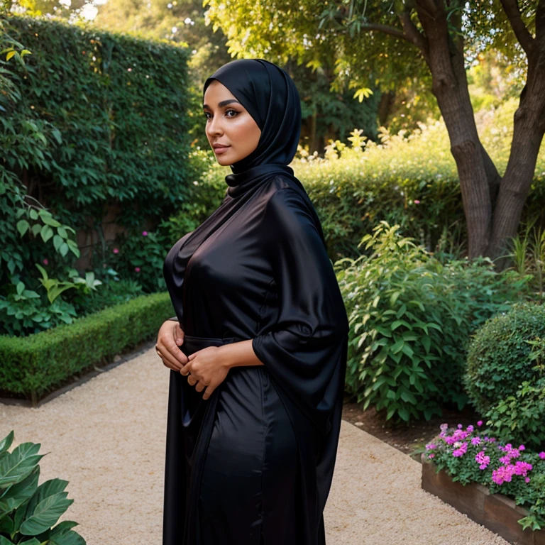 A 40 years old beautyful muslim woman,wearing black silk hijab and burkha,glowing skin,big ash,big breasts,sexy figure,full body image,right side view,garden in background,ultra detailed,8k