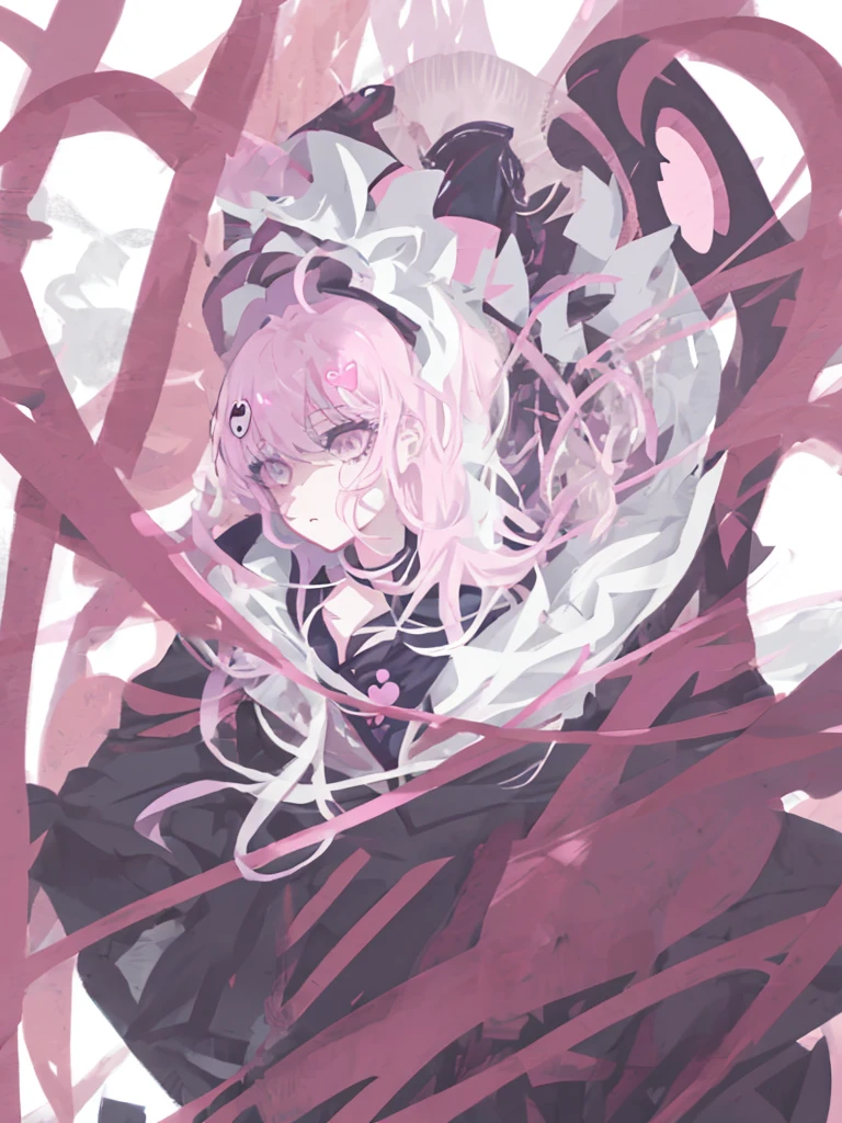 Anime girl holding a heart-shaped frame in her hand, Yandere, gapmoe Yandere, digital art from danganronpa, gapmoe Yandere grimdark, junko enoshima from danganronpa, akane owari danganronpa, nyaruko-san, anime visual of a cute girl, anime moe art style, small curvaceous ,pink short hair,M bangs,Black shirt