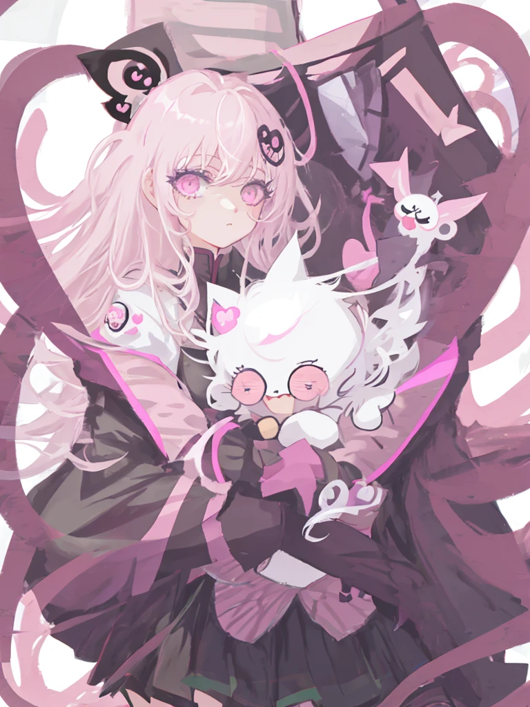 Anime girl holding a heart-shaped frame in her hand, Yandere, gapmoe Yandere, digital art from danganronpa, gapmoe Yandere grimdark, junko enoshima from danganronpa, akane owari danganronpa, nyaruko-san, anime visual of a cute girl, anime moe art style, small curvaceous ，pink short hair，M bangs，Black shirt