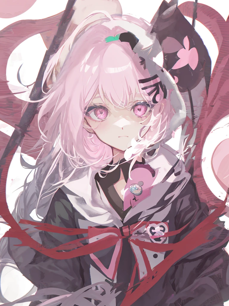 Anime girl holding a heart-shaped frame in her hand, Yandere, gapmoe Yandere, digital art from danganronpa, gapmoe Yandere grimdark, junko enoshima from danganronpa, akane owari danganronpa, nyaruko-san, anime visual of a cute girl, anime moe art style, small curvaceous loli，pink short hair，M bangs，Black shirt