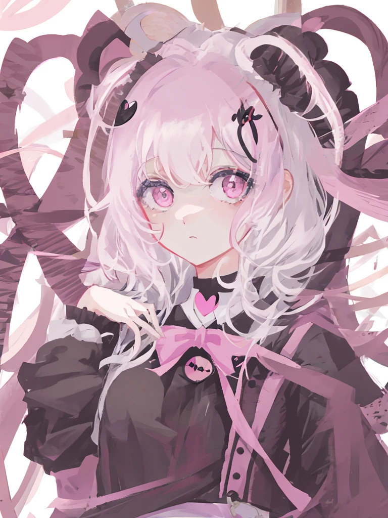 Anime girl holding a heart-shaped frame in her hand, Yandere, gapmoe Yandere, digital art from danganronpa, gapmoe Yandere grimdark, junko enoshima from danganronpa, akane owari danganronpa, nyaruko-san, anime visual of a cute girl, anime moe art style, small curvaceous loli，pink short hair，M bangs，Black shirt