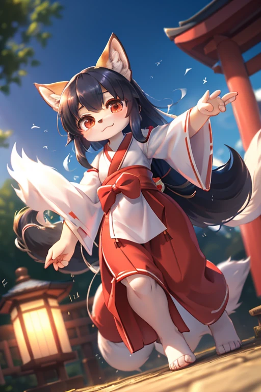 Bokeh , (zoom blur:1.5) , front view , 1 hairy fox girl , Short stature , realistic hairy fur , Straight black Long Hair , Round face, swollen cheeks,round eyes , neat hair ties , Japanese Shrine Maiden Clothing , dynamic Onmyoji Ritual action , hand seal , (The wind is blowing from the front to the back:1.5) , (will‐o’‐the‐wisp:1.5) , in the Inari Shrine