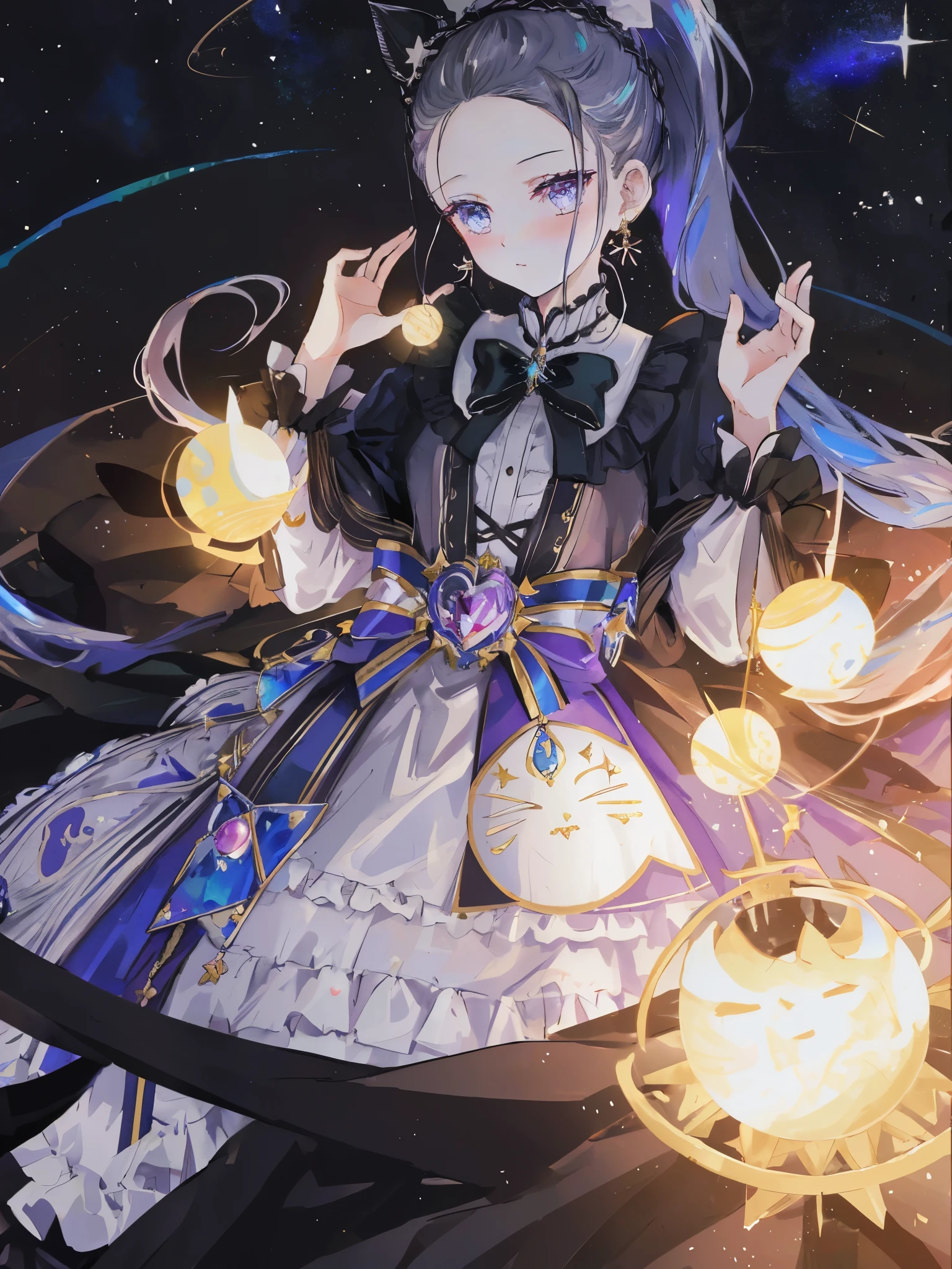 (ponytail forehead hair pulled back:1.3), a close up of a woman in a dress with a cat on her shoulder, astral witch clothes, astral dress, lunar themed attire, dark astral dress, dressed in stars and planets, galaxy + baroque, magical dress, moth inspired dress, portrait of magical lolita girl, beautiful celestial mage, style of magical girl, ✨🕌🌙, victorian gothic lolita fashion, fairycore