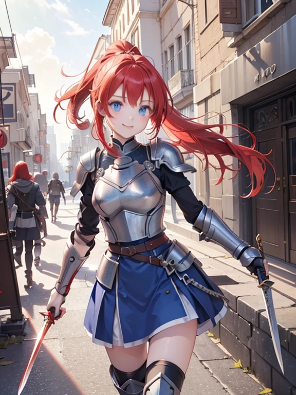 (8k, highest quality, Tabletop:1.2)、Ultra-high resolution、One 16-year-old girl, Perfect Fingers, Detailed face, smile, blue eyes, Red hair, ponytail,Silver armor, Gauntlet, Iron Breastplate, Iron Leg Guards, In the ruined city, carry a sword on one&#39;s waist, Stand with your hands on your hips