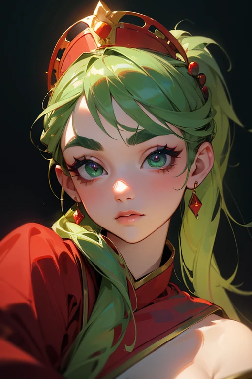 (highest quality, masterpiece:1.2), High resolution, Very detailed, Realistic:1.37, Fantasy, An illustration, Green Eyes、Queen, Red dress.Platinum decoration、beautifully、Eyeshadow Red、Thick eyebrows、Long eyelashes、pupils are black、Her hair is light green、Gold crown、Kissing Face、Embarrassing、people々々々々々Loved by、ponytail、Shoulder Bare、Surprised face、Braiding、perfection、perfectionな果物、Blueberry cake、