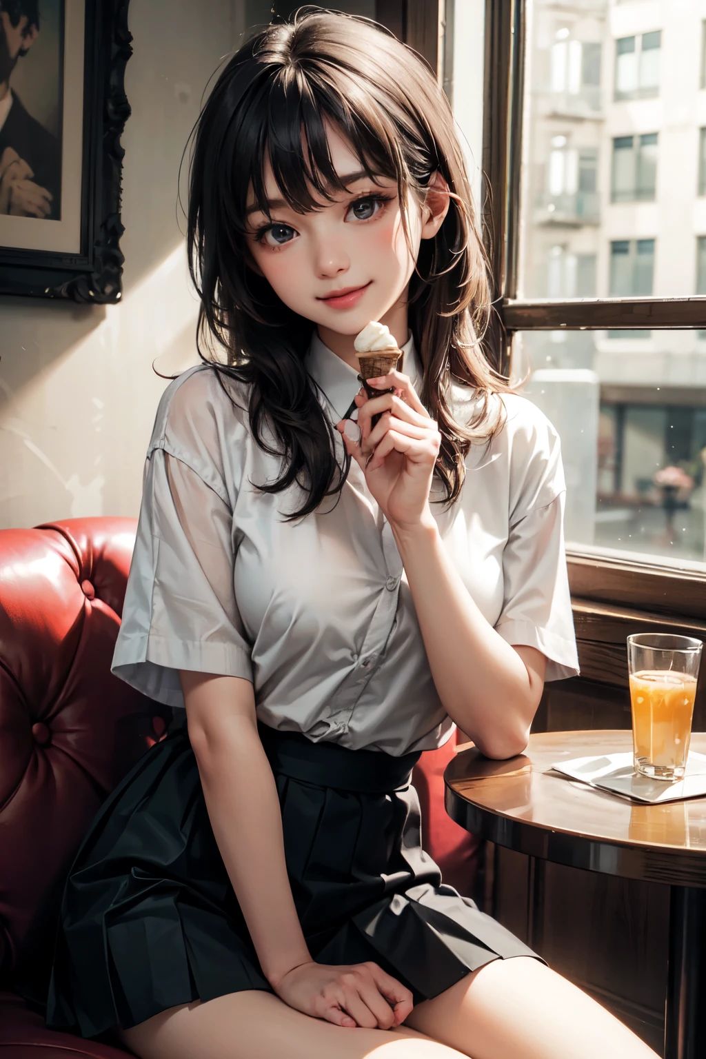 very cute and beautiful girl sitting on chair in antique retro restaurant,(highly detailed beautiful face and eyes), white blouse,(smile:1.25),happy,(beige cardigan,short sleeve) BREAK hair ornament,black hair,pleated black mini skirt, cups of tea,(sweet cream pancakes on plate),distant some persons at table,depth of field, (best quality,masterpiece),absurdres,highres,ultra-detailed,extremely detailed,32k,8k resolution, intricate details,cinematic scene,detailed background,solo,dynamic angle,