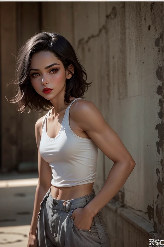 Beautiful girl , slim fit body , short black hair, , red rogue lips, blushed cheeks, tank top, detailed body , realistic skin texture, grey eyes, , bronze skin, posing ,