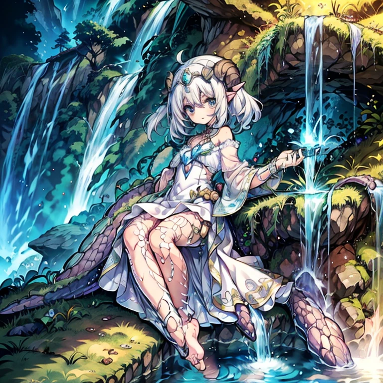 (masterpiece), best quality, highly detailed, (1dragon girl) , detailed beautiful face and eyes, , (a semi-human girl with scaly limbs and a dragonian_tail), beautiful detailed eyes, white dress, off-shoulder dress, barefoot, seductive_smile, holding scepter, (circlet), magic light, dragonian_head, dragonian_horns, dragonian_hairstyle, dragonian_body, ridge, waterfall