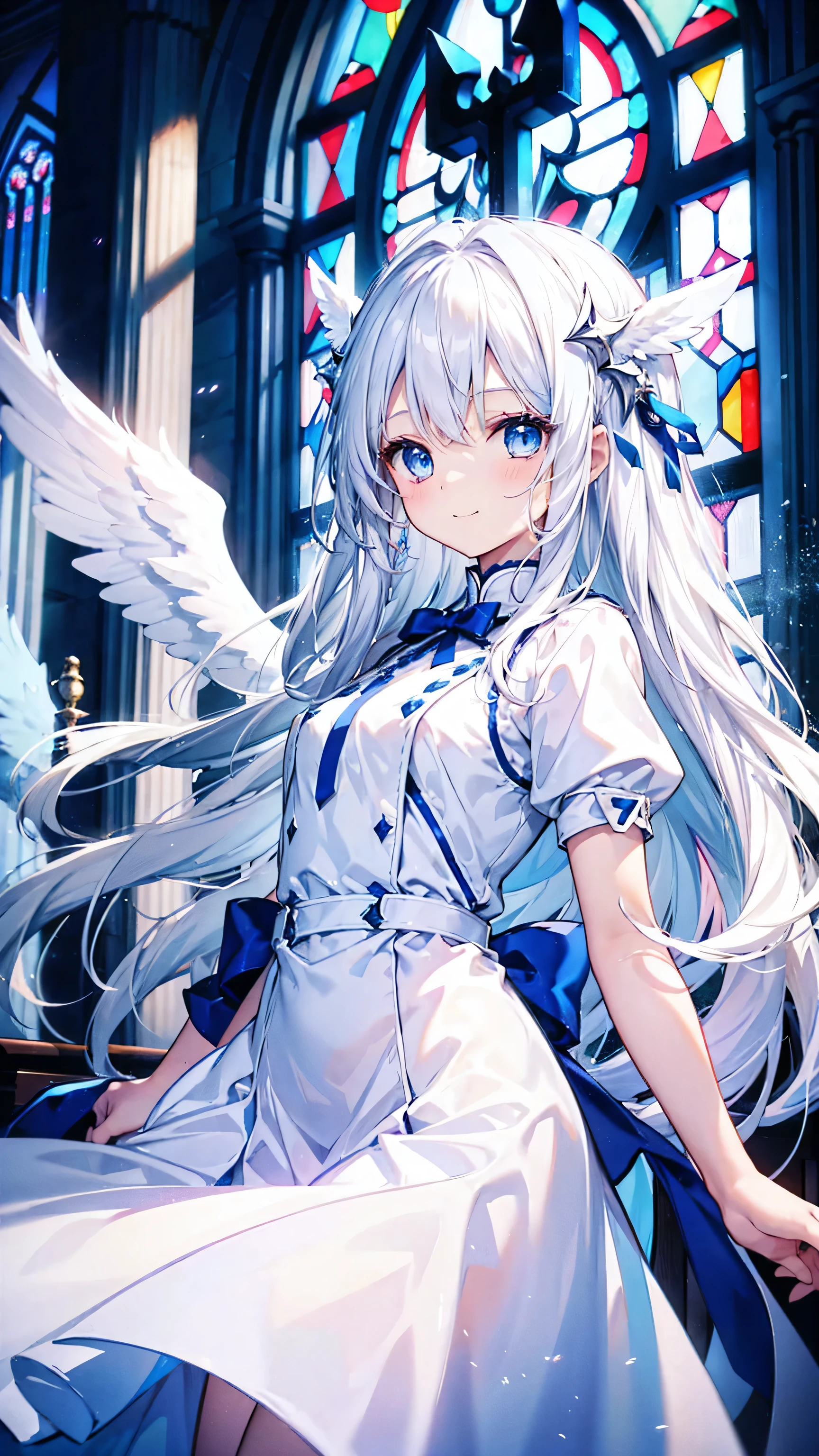 A cute angel girl with long white hair and blue eyes、、thank you、smile、happiness、Angel wings on the back、White dress、Church stained glass