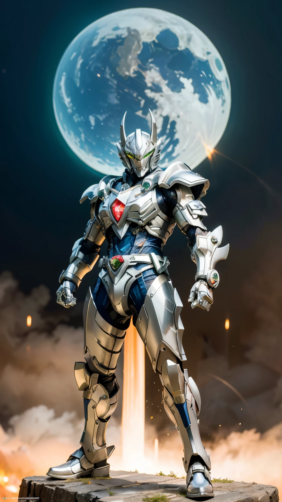 A man wearing a full-face helmet, a fantasy-style biotech armored combat suit, green eyes, (a composite layered chest armor), fully enclosed shoulder guards, matching arm and leg guards, the belt is adorned with fangs biting into gemstone, (the color scheme is primarily white with red and blue accents), the design balances heavy with agility, a high-tech bio-mecha armor, (Armor Concept Inspired by Bat, stand on the top of a skyscraper in a futuristic sci-fi city), this character embodies a finely crafted fantasy-surreal style armored hero in anime style, exquisite and mature manga art style, (battle damage, element, plasma, energy, the armor glows), ((male:1.5)), metallic, real texture material, dramatic, high definition, best quality, highres, ultra-detailed, ultra-fine painting, extremely delicate, professional, perfect body proportions, golden ratio, anatomically correct, symmetrical face, extremely detailed eyes and face, high quality eyes, creativity, RAW p