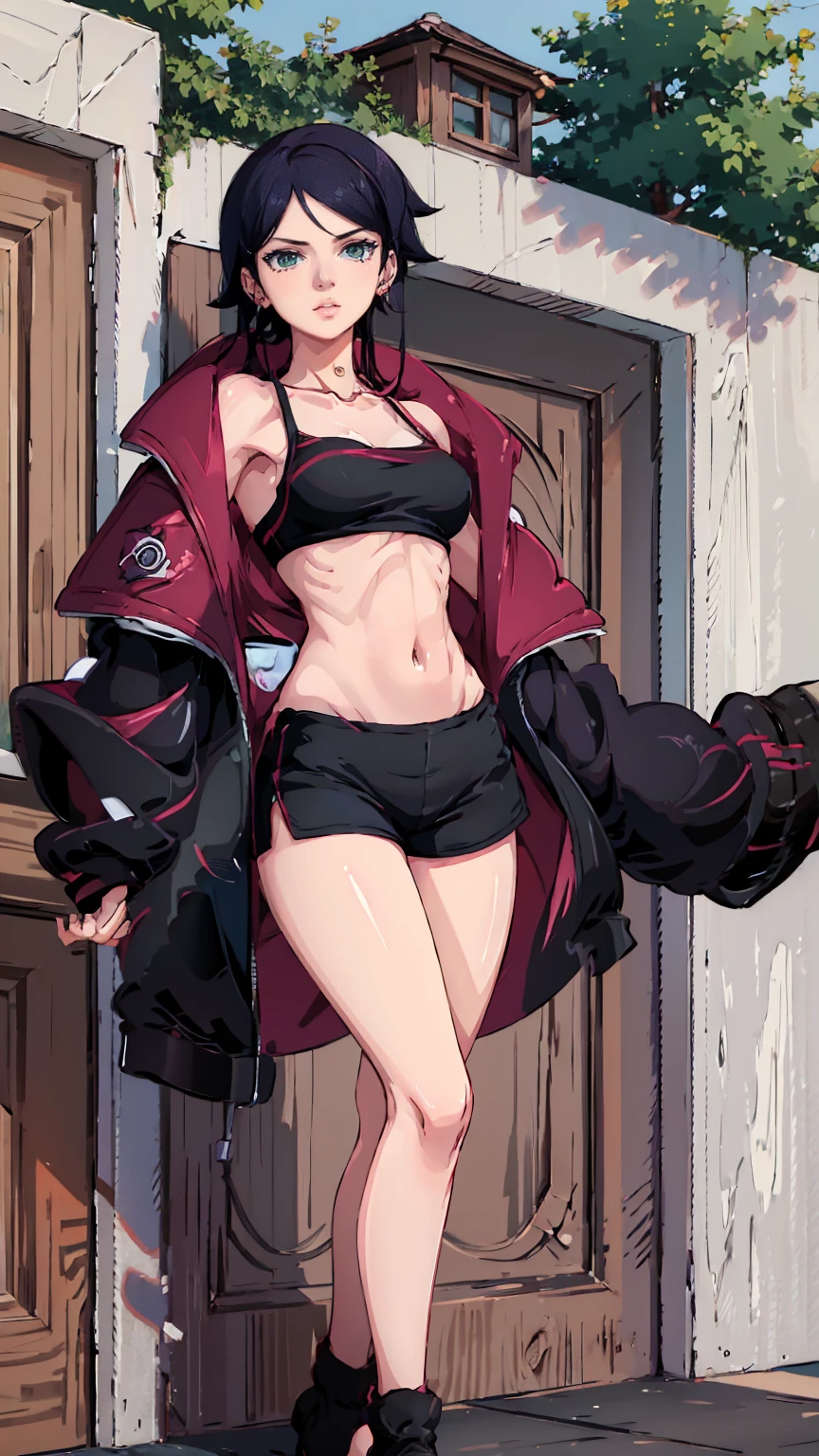 Sarada,long purple hair,green eyes,medium breast,black sports bra,shorts,jacket with fur 