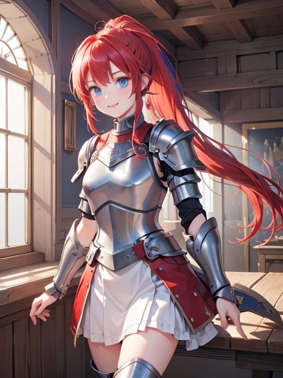 (8k, highest quality, Tabletop:1.2)、Ultra-high resolution、One 16-year-old girl, Perfect Fingers, Detailed face, smile, blue eyes, Red hair, ponytail,Silver armor, Gauntlet, Iron Breastplate, Iron Leg Guards, Desolate Land, carry a sword on one's waist, Stand with your hands on your hips