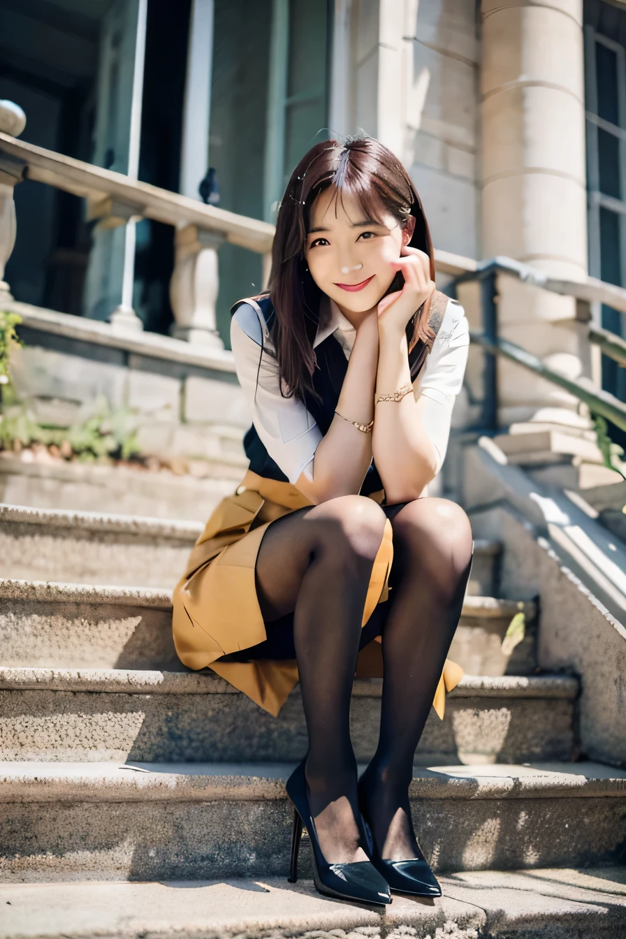 Ulzzang-6500-v1.1, (RAW Photos:1.2), (Realistic), (Genuine:1.4), １girl、Perfect Anatomy、Sit on the stairs、Full body photo、Looking into the camera、black tights、pumps、Knee-length skirt、Black Hair、smile、Plaid vest、、
