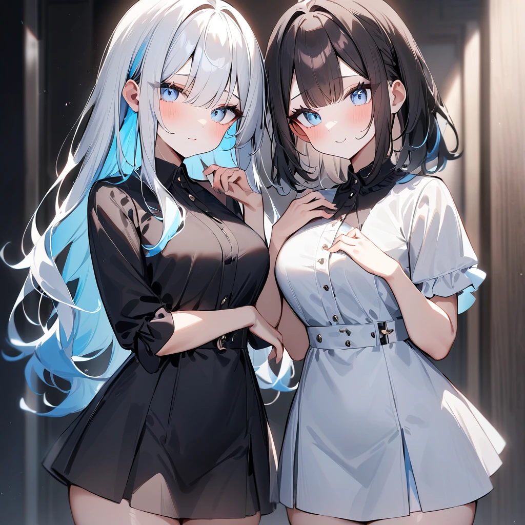 {{2girls}},masterpiece,best quality,very aesthetic,absurdres,cowboy shot,lightcolor,darkcolor,light hair,dark hair,White hair,light  blue hair,light  blue eyes,Lovely,🏩,translucent hair