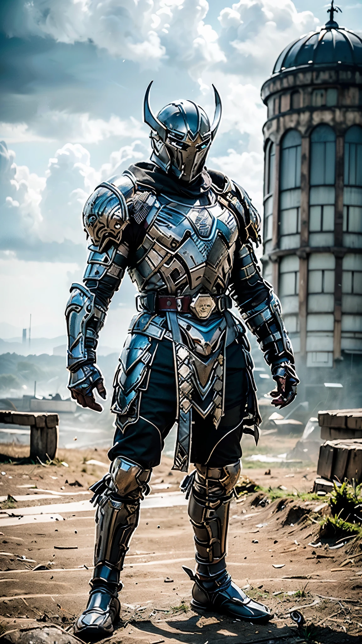 A man wearing a full-face helmet, a fantasy-style biotech armored combat suit, green eyes, (a composite layered chest armor), fully enclosed shoulder guards, matching arm and leg guards, the belt is adorned with fangs biting into gemstone, (the color scheme is primarily white with red and blue accents), the design balances heavy with agility, a high-tech bio-mecha armor, (Armor Concept Inspired by Bat, stand on the top of a skyscraper in a futuristic sci-fi city), this character embodies a finely crafted fantasy-surreal style armored hero in anime style, exquisite and mature manga art style, (battle damage, element, plasma, energy, the armor glows), ((male:1.5)), metallic, real texture material, dramatic, high definition, best quality, highres, ultra-detailed, ultra-fine painting, extremely delicate, professional, perfect body proportions, golden ratio, anatomically correct, symmetrical face, extremely detailed eyes and face, high quality eyes, creativity, RAW p