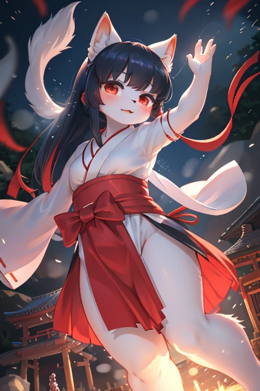 Bokeh , (zoom blur:1.5) , front view , 1 hairy inari girl , Short stature , realistic hairy fur , Straight black Long Hair , Round face, swollen cheeks,round eyes , neat hair ties , Japanese Shrine Maiden Clothing , dynamic Onmyoji Ritual action , hand seal , (The wind is blowing from the front to the back:1.5) , (will‐o’‐the‐wisp:1.5) , in the Inari Shrine , Stone statue of Inari