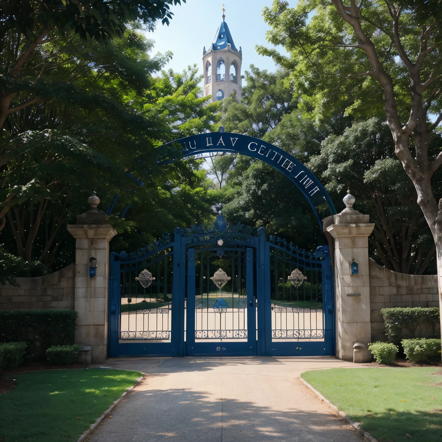 University gate design, Blue, proud of royal architecture, Add lights, guard house, green trees . Nice DUE arrangement,
