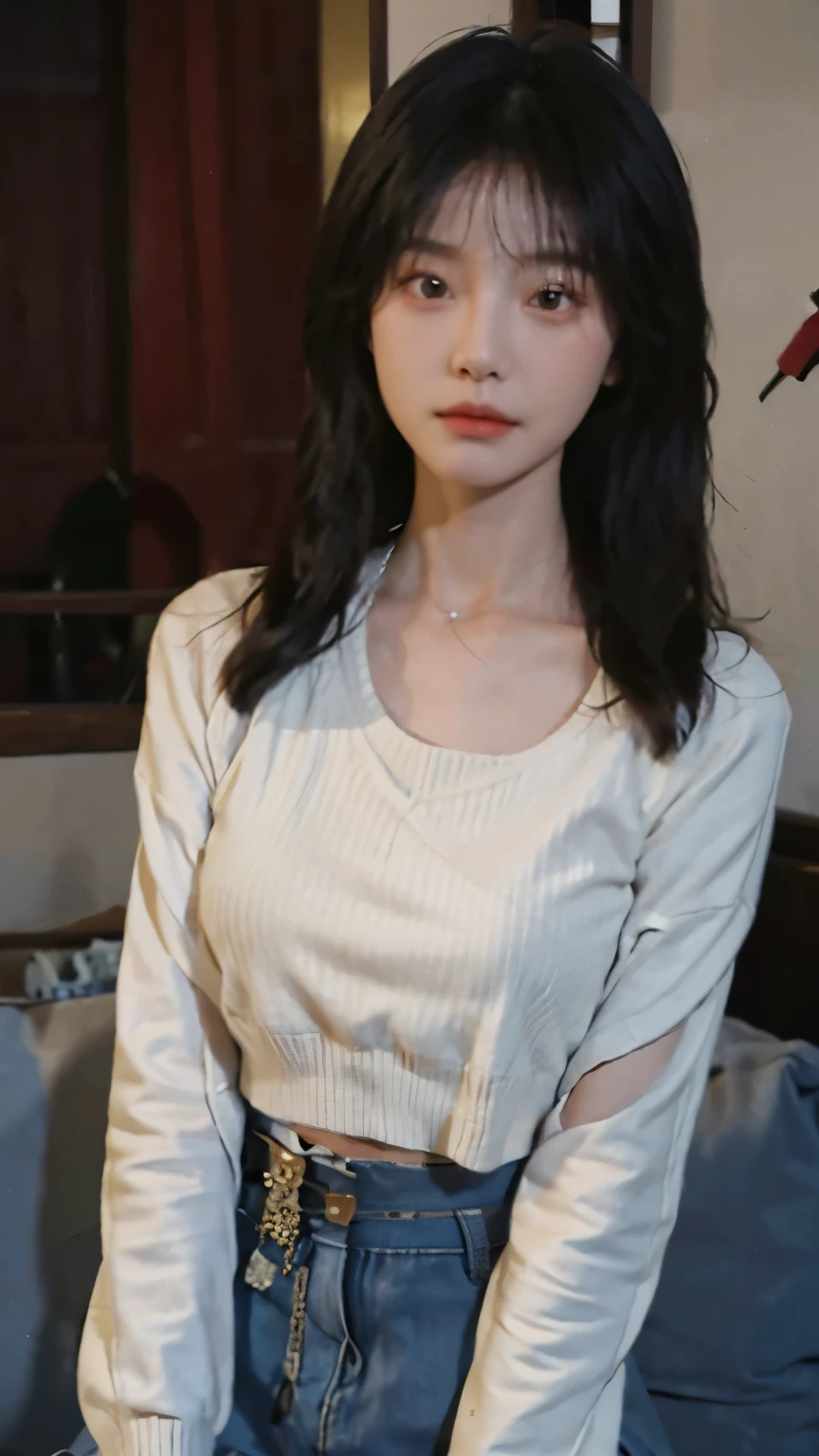 best quality, ultra high resolution, (In reality:1.4),Bao Yu Girl,1 girl, With long curly hair,looking into the distance,Nedium Chest,Cropped Red Sweater,Atmospheric feeling,Beautiful woman with a slender body:1.4, Abs,ultra fine face,Exquisite eyes,double eyelid,choker necklace