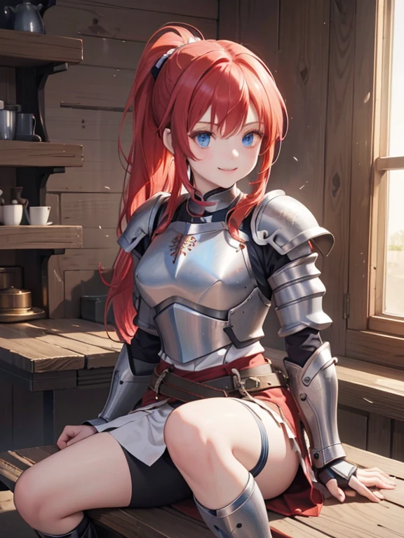 (8k, highest quality, Tabletop:1.2)、Ultra-high resolution、One ****************, Perfect Fingers, Detailed face, smile, blue eyes, Red hair, ponytail,Silver armor, Gauntlet, Iron Breastplate, Iron Leg Guards, Desolate Land, carry a sword on one&#39;s waist, Stand with your hands on your hips