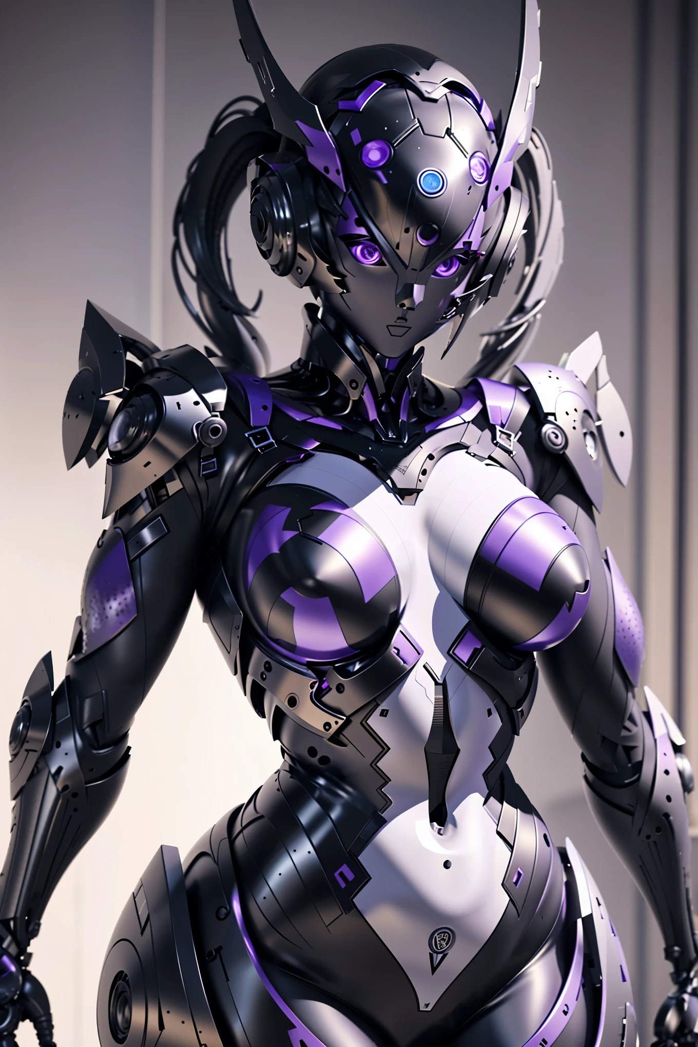 A female transformer. mechanical body. Three luminous eyes. Helmet-shaped face. Image colors of black and purple. Metallic luster. sexy.