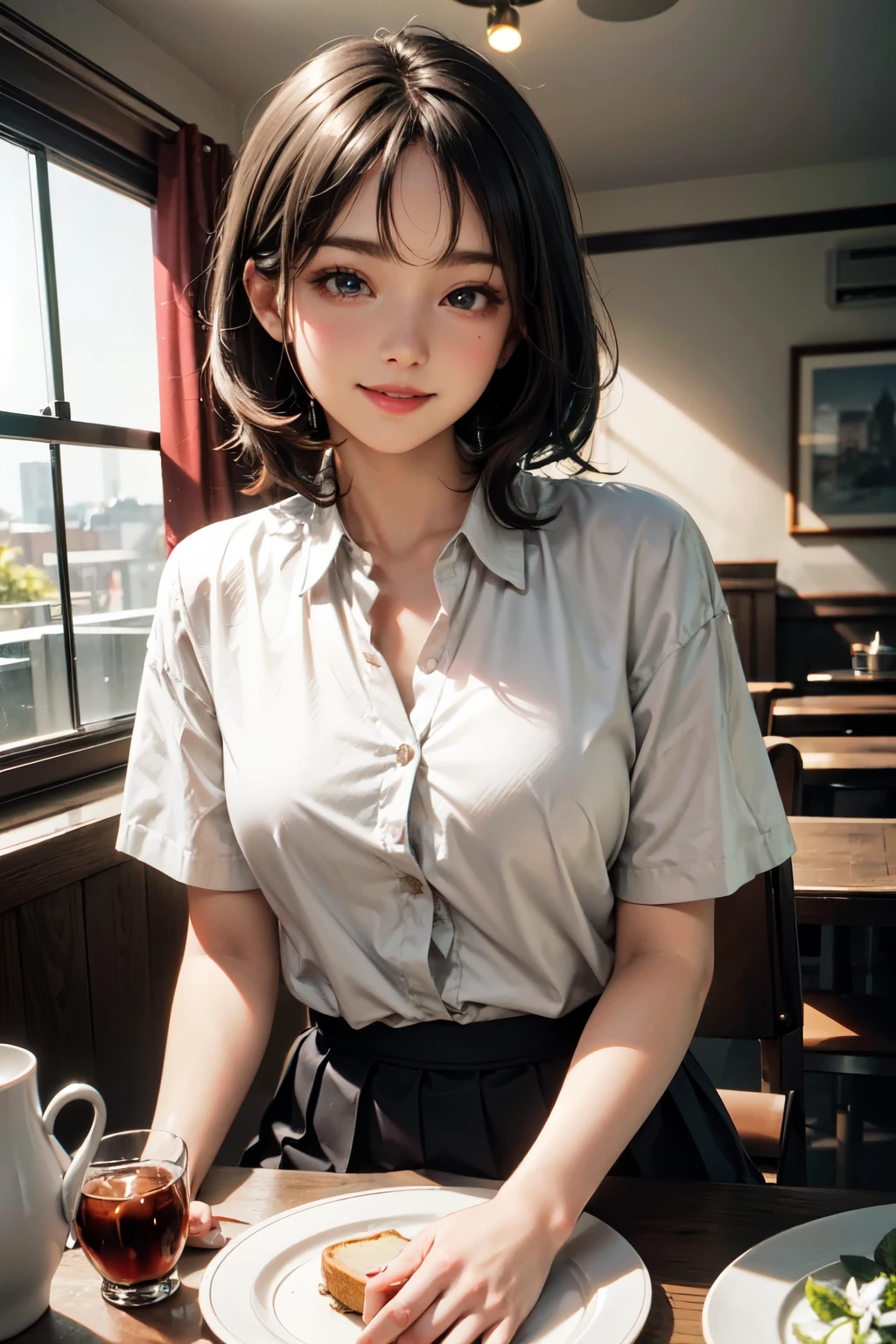 very cute and beautiful girl sitting on chair in antique retro restaurant,(highly detailed beautiful face and eyes), white blouse,(smile:1.25),happy,(beige cardigan,short sleeve) BREAK hair ornament,black hair,pleated black mini skirt, cups of tea,sugar toasts on plate,distant some persons at table,depth of field, (best quality,masterpiece),absurdres,highres,ultra-detailed,extremely detailed,32k,8k resolution, intricate details,cinematic scene,detailed background,solo,dynamic angle,