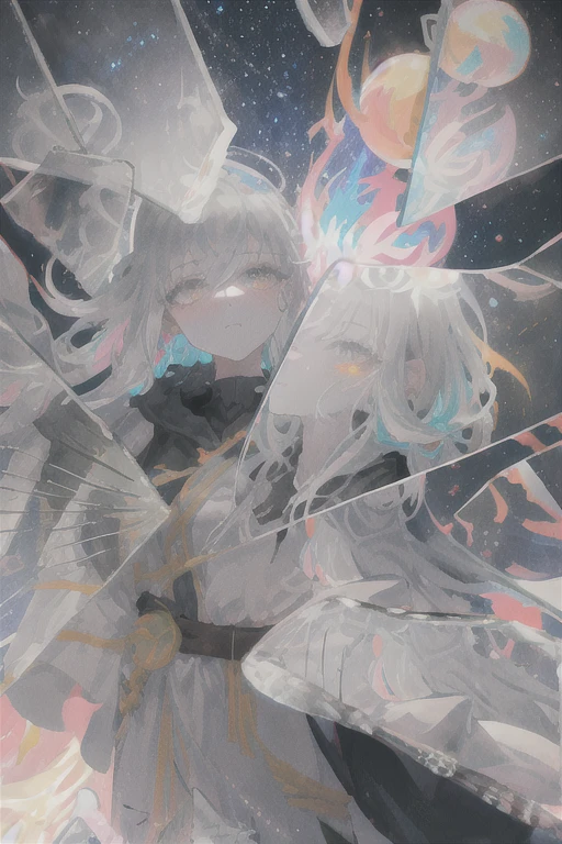 The Guardian of the Cosmic Tower stands alone as a pillar of strength and iron, her complexion timeless gray, surrounded by an ethereal gray aura of swirling energy orbs in pastel hues. Her gray eyes burst with ancient wisdom, while sparks of cosmic lightning dance within their irises. Her jet-gray hair, thick and powerful like an iron tower, seems woven with stars, radiating a mystical glow. Softly colored energy orbs mingle with their glow, evoking fragments of a starry sky. She wears a heavy robe reminiscent of ancient obsidian rocks, tinted with pastel shades reminiscent of the aurora borealis. Her majestic aura blends the brilliance of the stars with the force of galactic storms, creating a dazzling celestial spectacle.