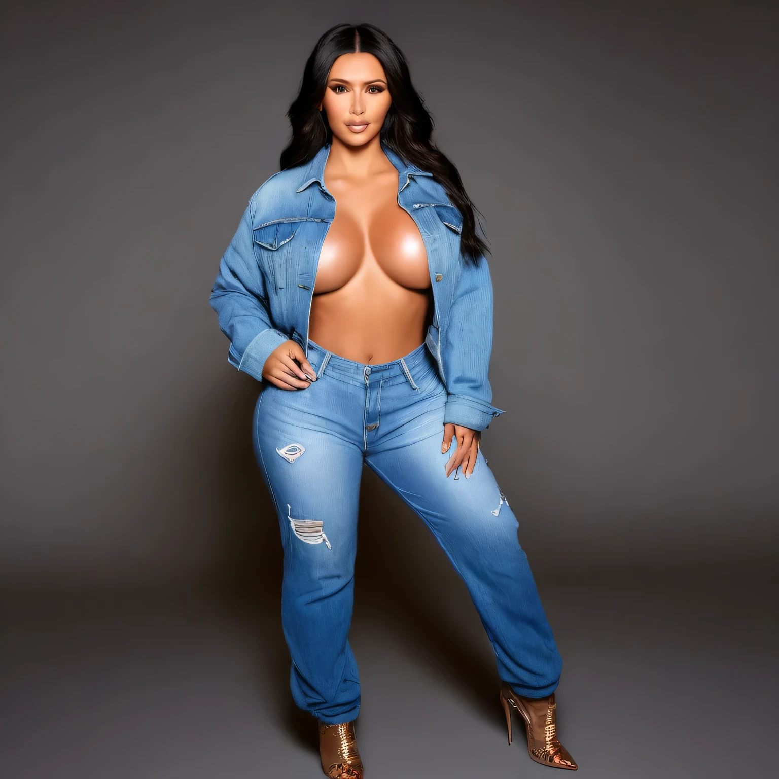 (best quality,highres:1.2),portrait,fashionable Kim Kardashian,eyes highlighted,plump lips,piercing gaze,silver pants that are see through,short jean jacket,stylish shoes,confident demeanor,dynamic pose,long flowing hair,gold jewelry,glowing skin,vivid colors,studio lighting,subtle makeup,urban setting