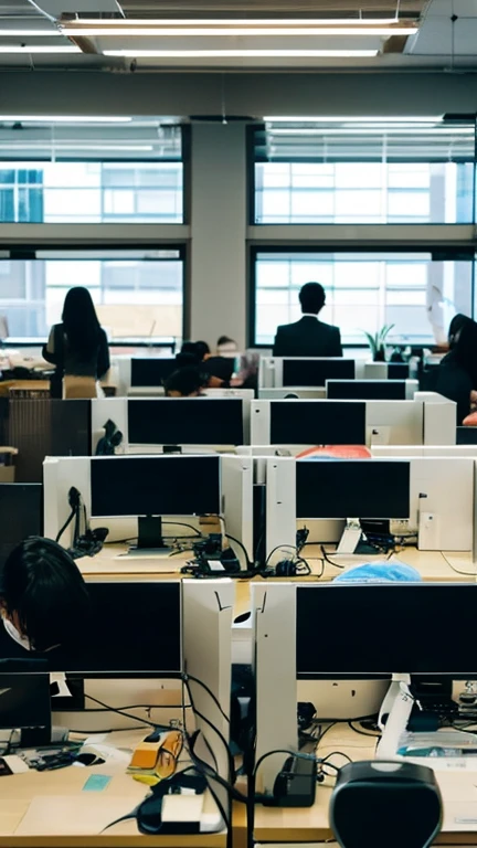 Inside the office。A large number of people working